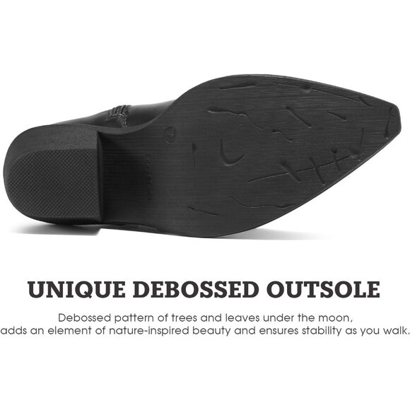 Women's Chunky Knee High Heel Western Black Zipper Leather Embroidered Boot - Picture 3 of 7